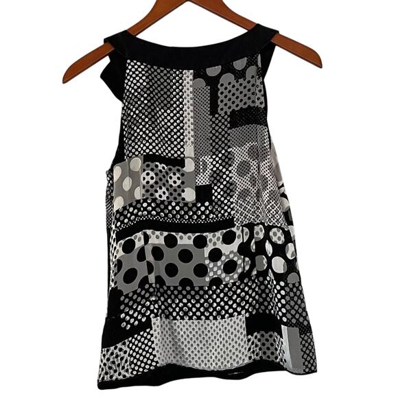 Monsoon Silk Blend Sleeveless Blouse Black & White Patchwork, Tie Neck, Size 6 - Picture 2 of 12